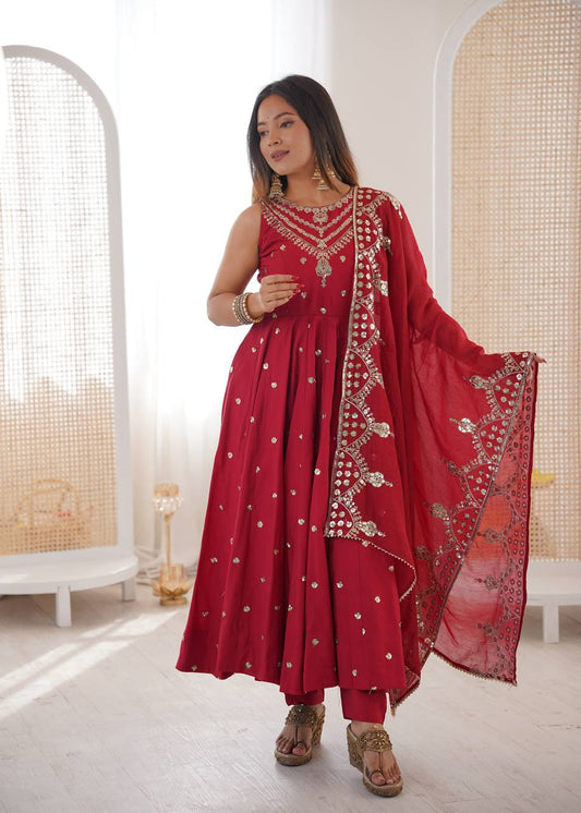 Beautiful Premium Roman Silk With Heavy Embroidery Sequence Work Gown Set
