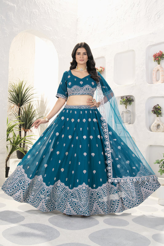Embroidery Sequence Design Work 4 MTR Flair Lehenga Choli Blue Color