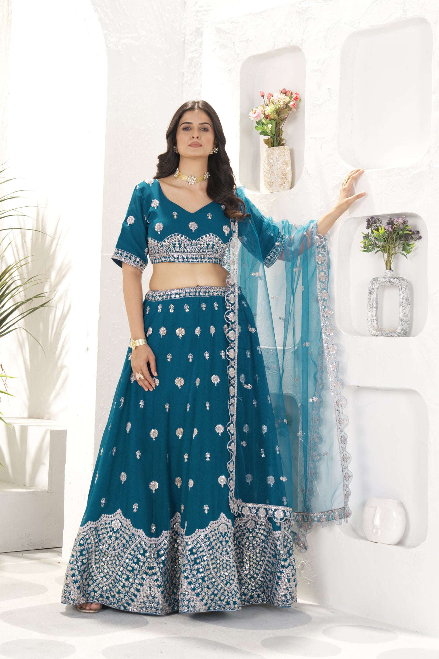 Embroidery Sequence Design Work 4 MTR Flair Lehenga Choli Blue Color
