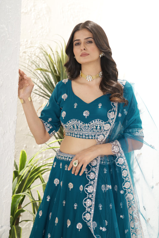 Embroidery Sequence Design Work 4 MTR Flair Lehenga Choli Blue Color