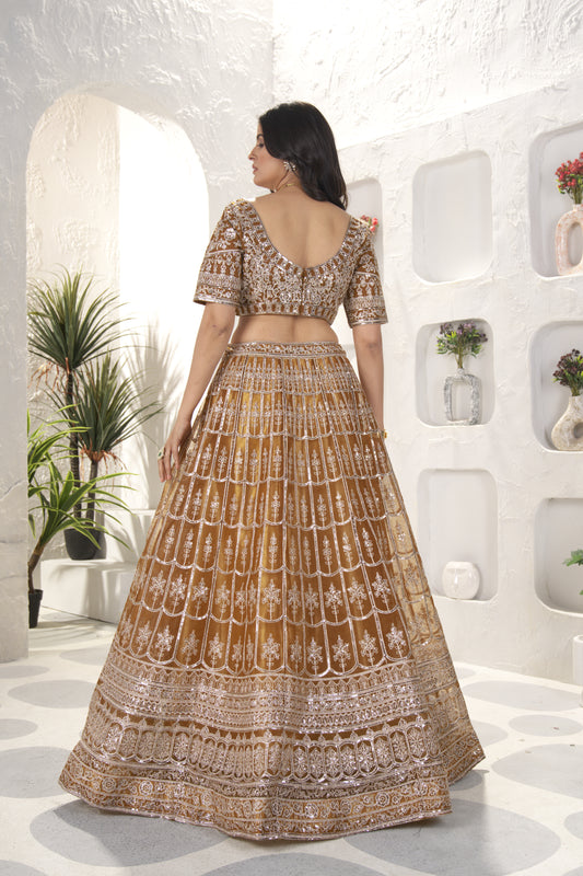 Net Embroidery & Sequence Work Bridal Lehenga Choli Gold Color