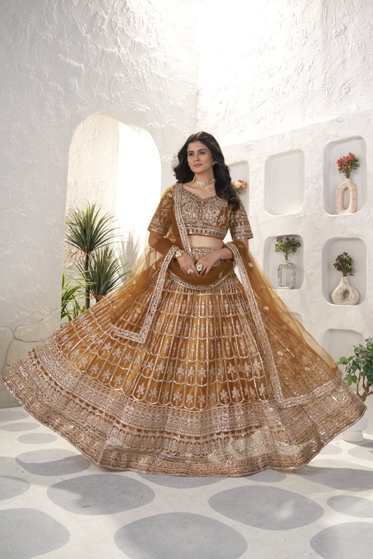 Net Embroidery & Sequence Work Bridal Lehenga Choli Gold Color