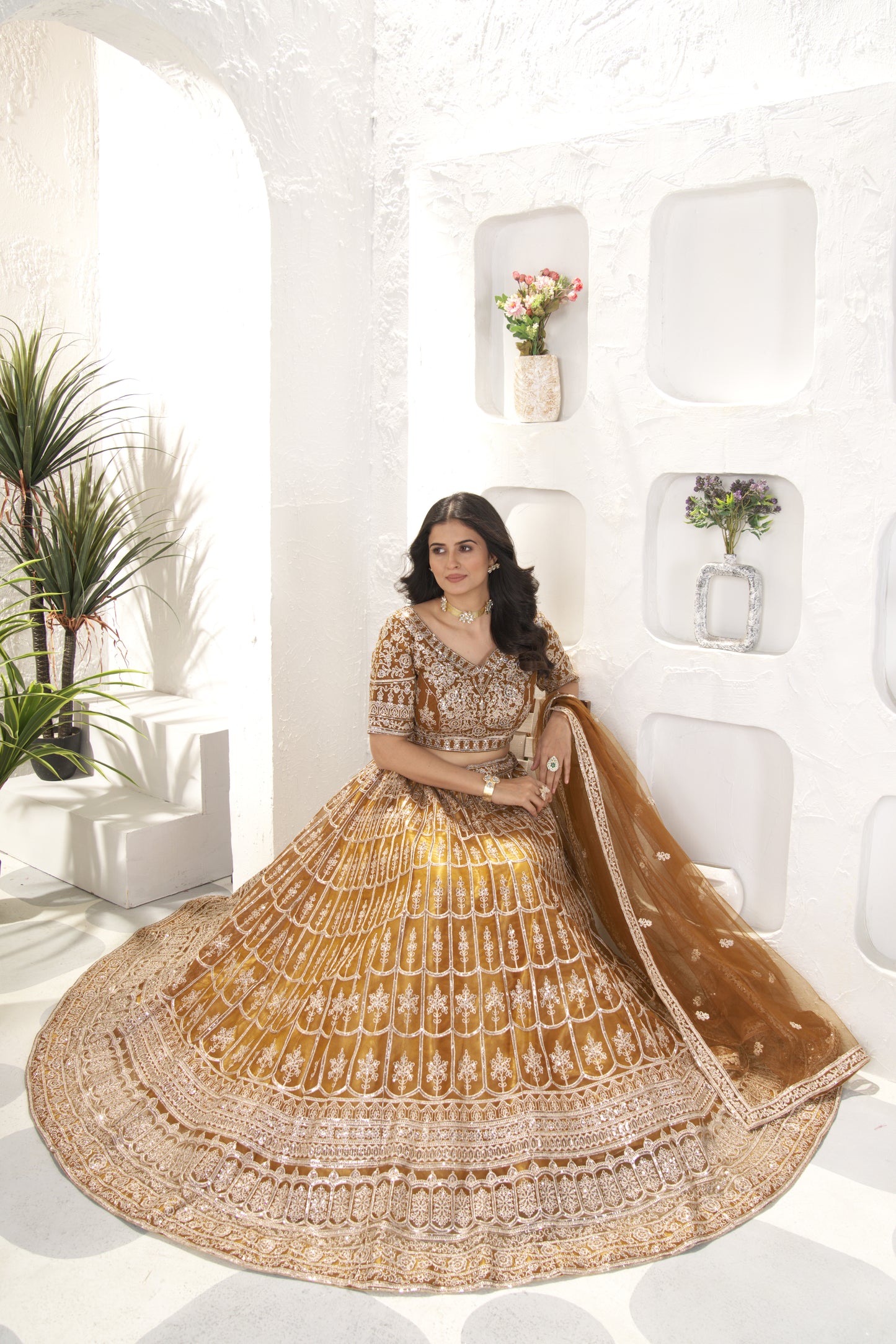 Net Embroidery & Sequence Work Bridal Lehenga Choli Gold Color