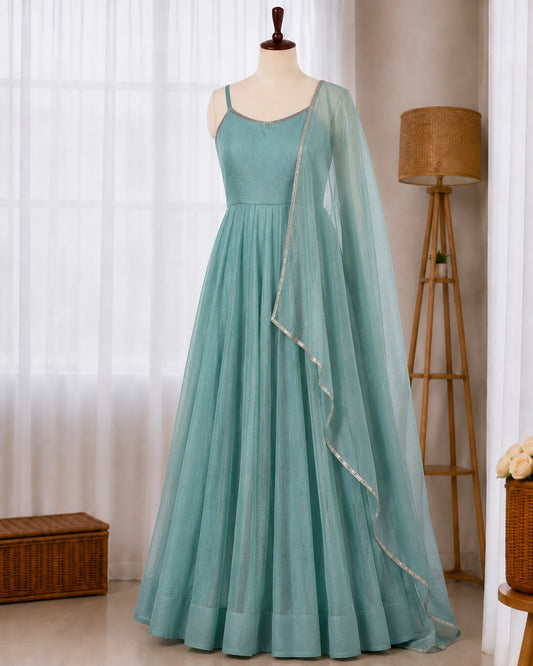 Sky Blue Color Crunchy Silk Siroski Work Anarkali