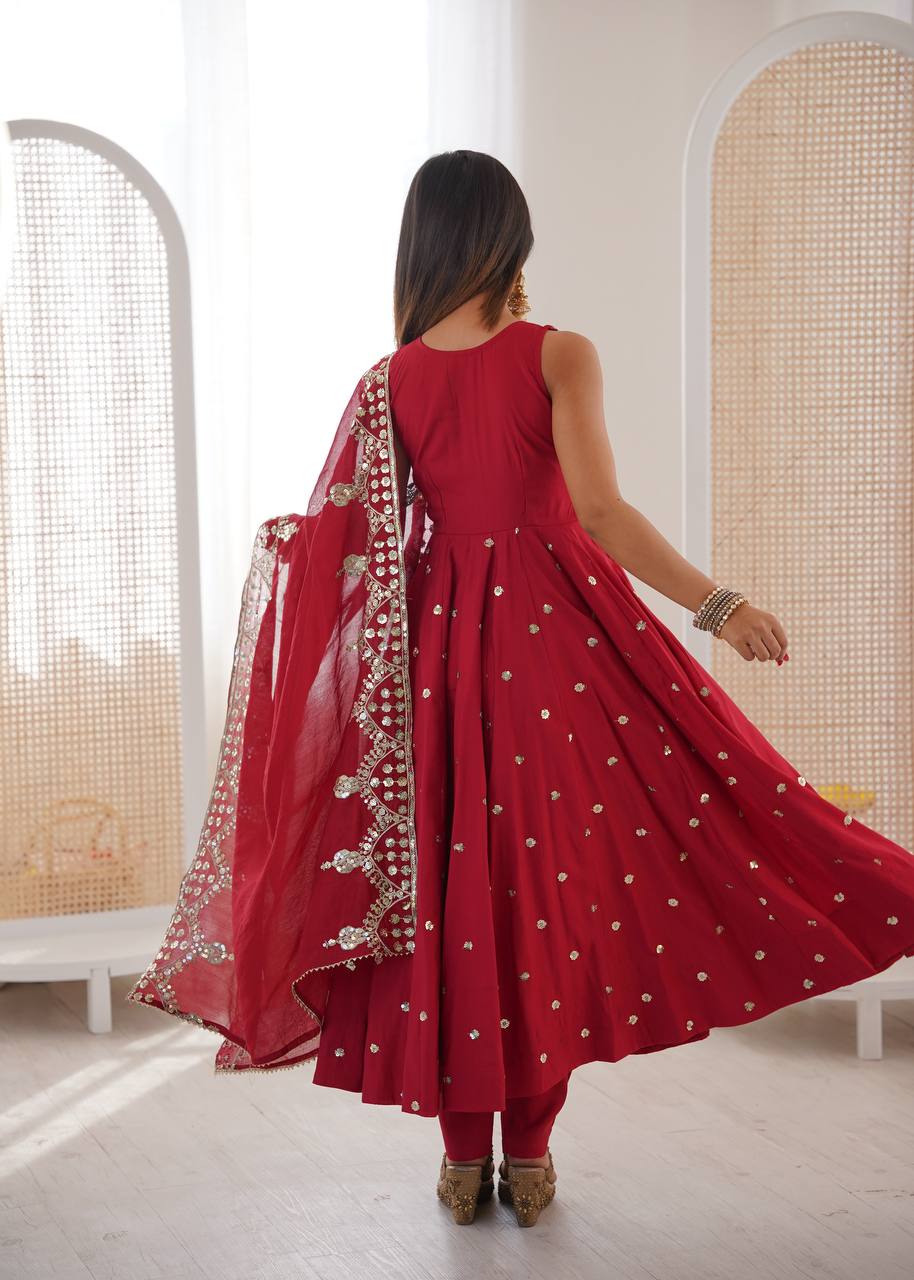 Beautiful Premium Roman Silk With Heavy Embroidery Sequence Work Gown Set