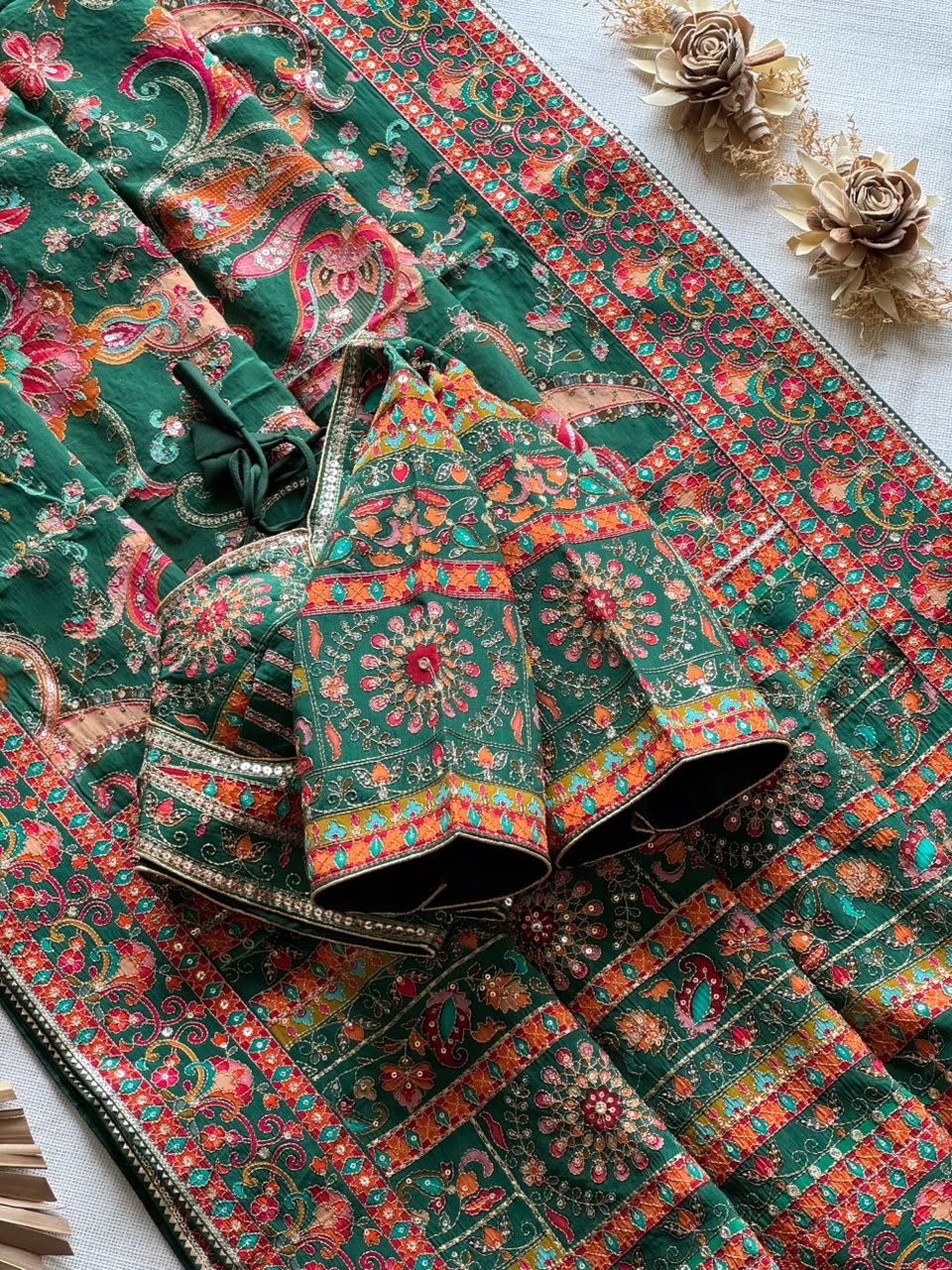 Crepe Silk Printed Embroidered Saree Set