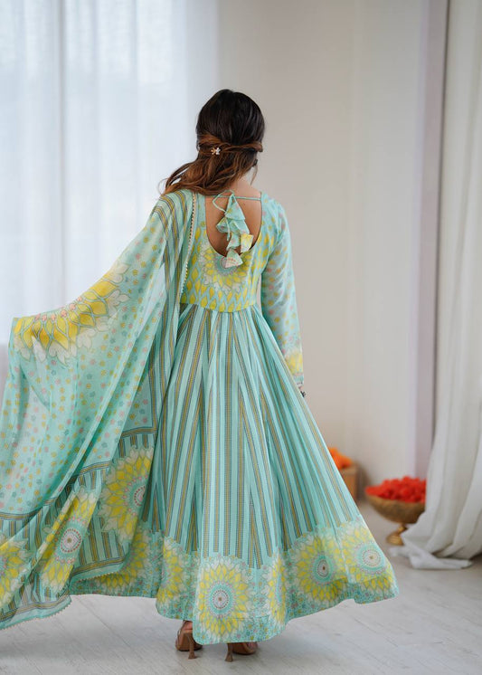 Floral Printed Organza Gown Suit Set