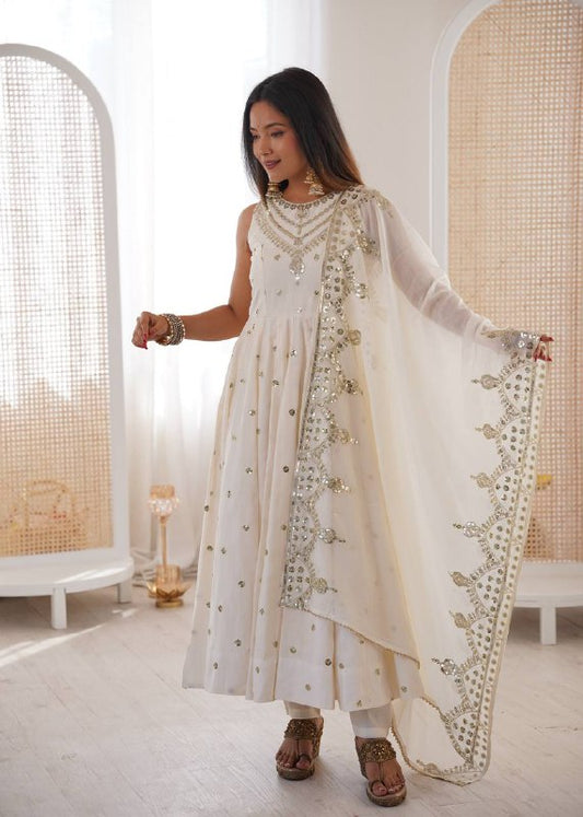 Beautiful Premium Roman Silk With Heavy Embroidery Sequence Work Gown Set