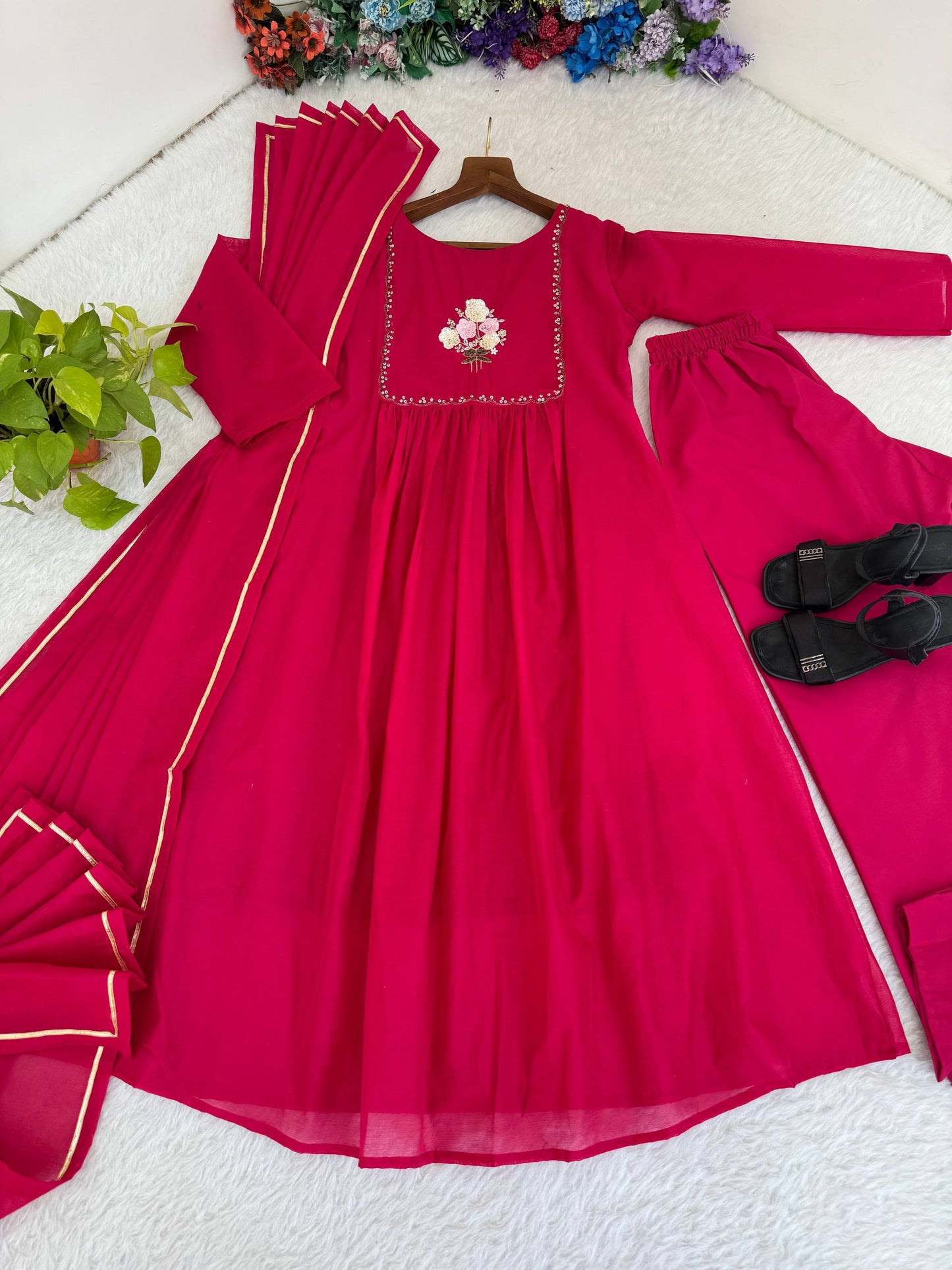 Beautifull Red Color Viscos With Heavy Butter Cotton Work Gown