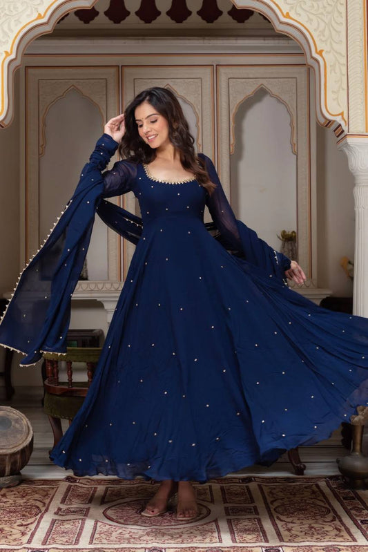 Title Navy Color Gorgette With Hand Work Anarkali