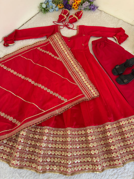Beautifull Red Color Chinon Silk With Embroidery Work Gown