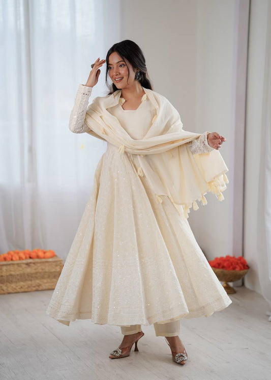 Beautiful Pure Kora Cotton Anarkali Suit With Schiffli Embroidery Work