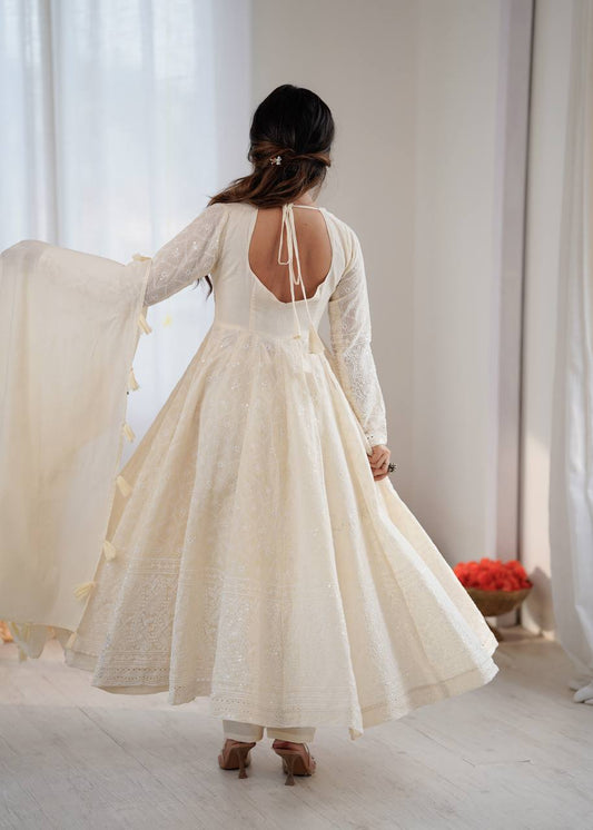 Beautiful Pure Kora Cotton Anarkali Suit With Schiffli Embroidery Work