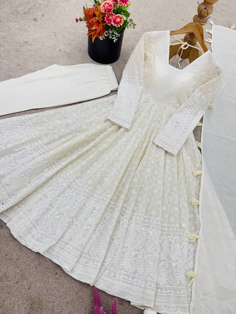 Beautiful Pure Kora Cotton Anarkali Suit With Schiffli Embroidery Work