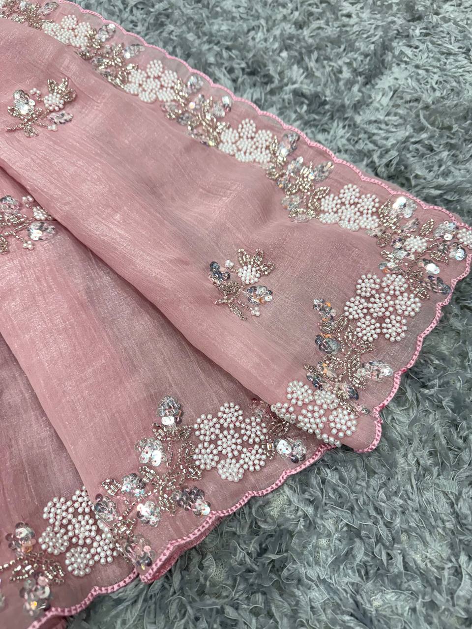 TRENDING DESIGNER PARTY WEAR PIXCEL CRUSH FABRIC HANDWORK SAREE