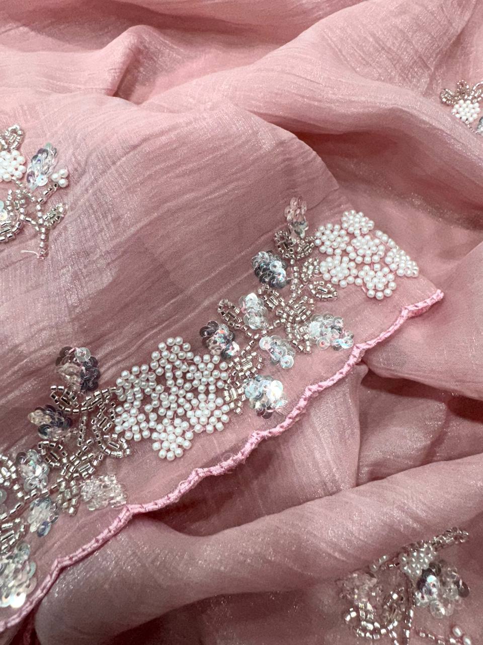 TRENDING DESIGNER PARTY WEAR PIXCEL CRUSH FABRIC HANDWORK SAREE