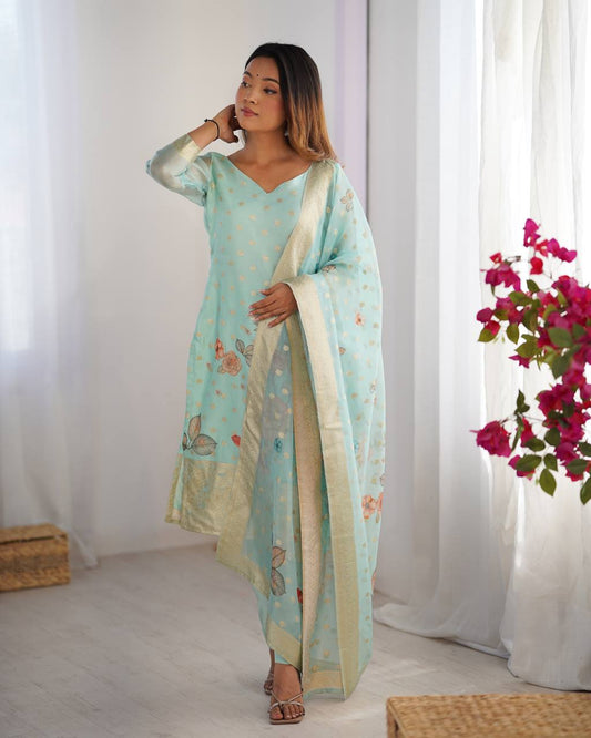 TRENDING CHANDERI SILK JACQARD WORK KURTI, BOTTOM WITH DUPATTA SET