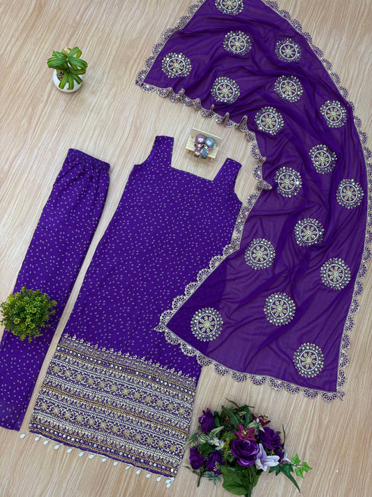 Beautifull Bandhani Faux Georgette Mirror Hand Work Kurti