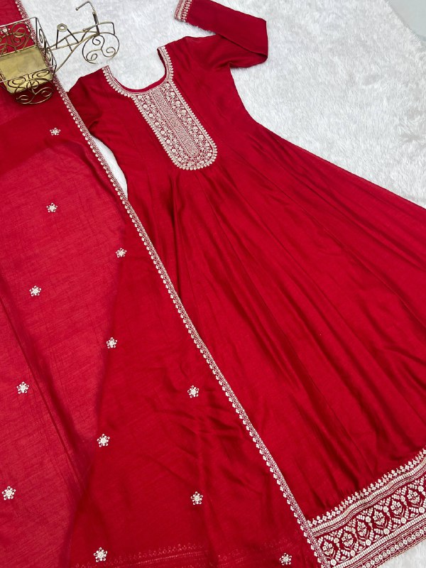 Beautifull Red Color Vichitra Silk With Fancy Churidar Sleeves Anarkali