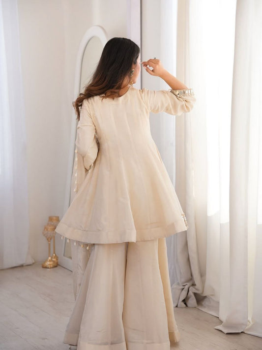 Beautifull Soft Chinon Long Kali Design Work Top Plazzo