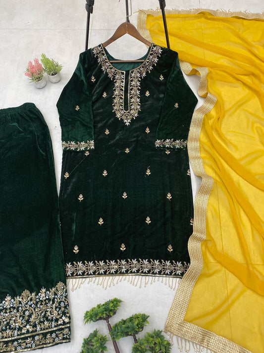 Green Color Velvet Fabric With Embroidery Work Top Plazzo