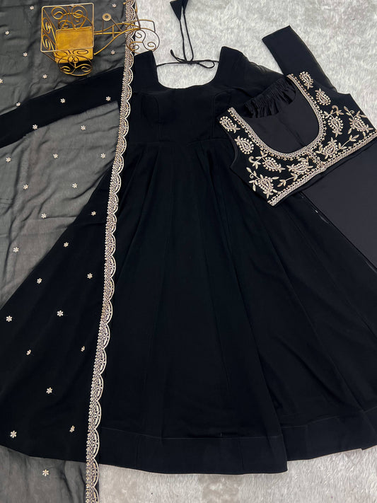 Beautifull Black Color Fox Georgette Fancy Work Anarkali