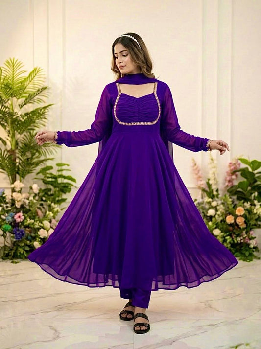 Beautiful Fox Georgette Anarkali Suit With Sequence Embroidery And Moti Lace Work