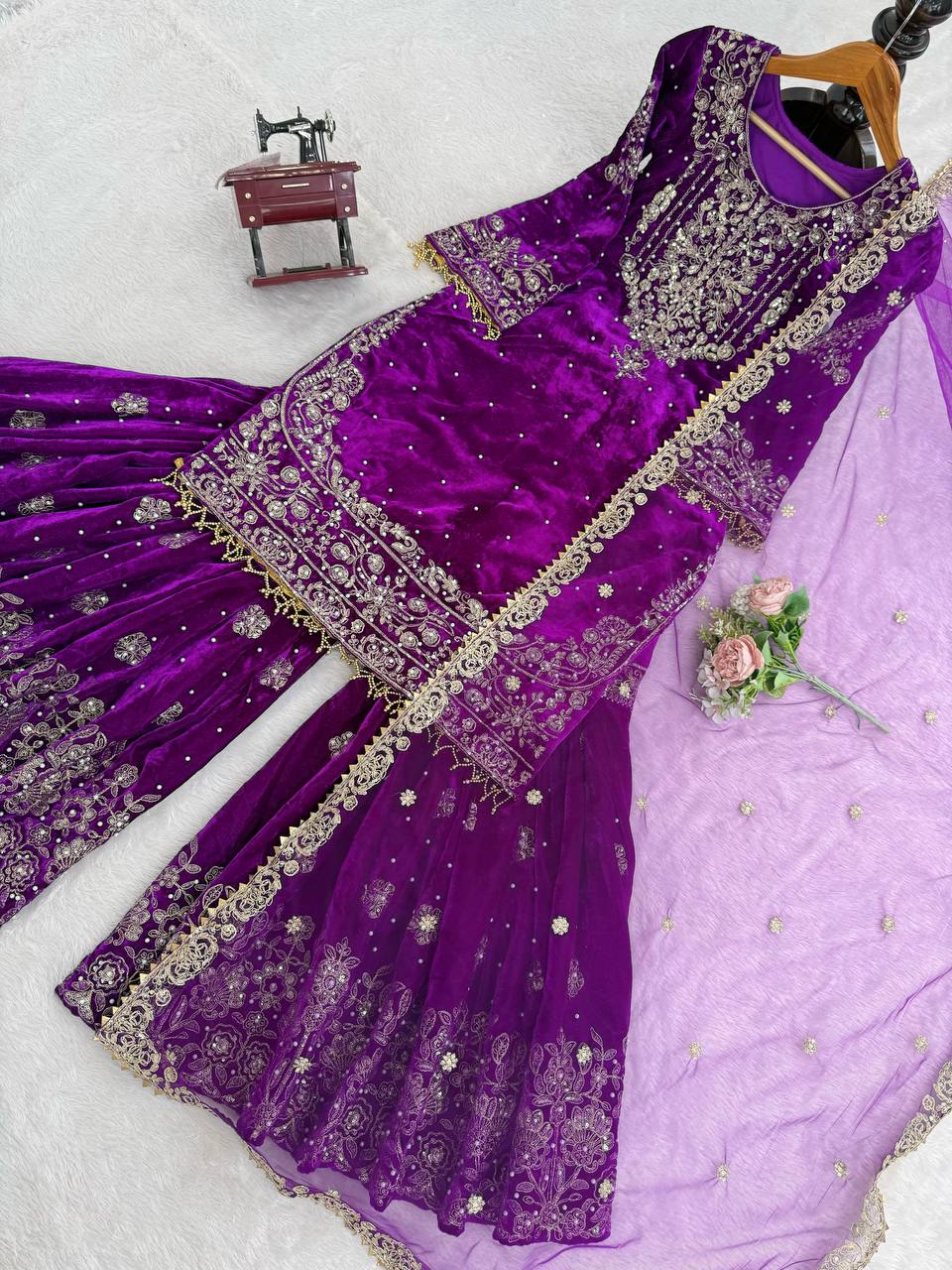 Designer Party Wear Heavy Viscose Velvet Top with Sharara