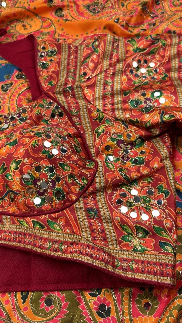 Beautiful Japan Satin Saree With Digital Print Aari & Mirror Work