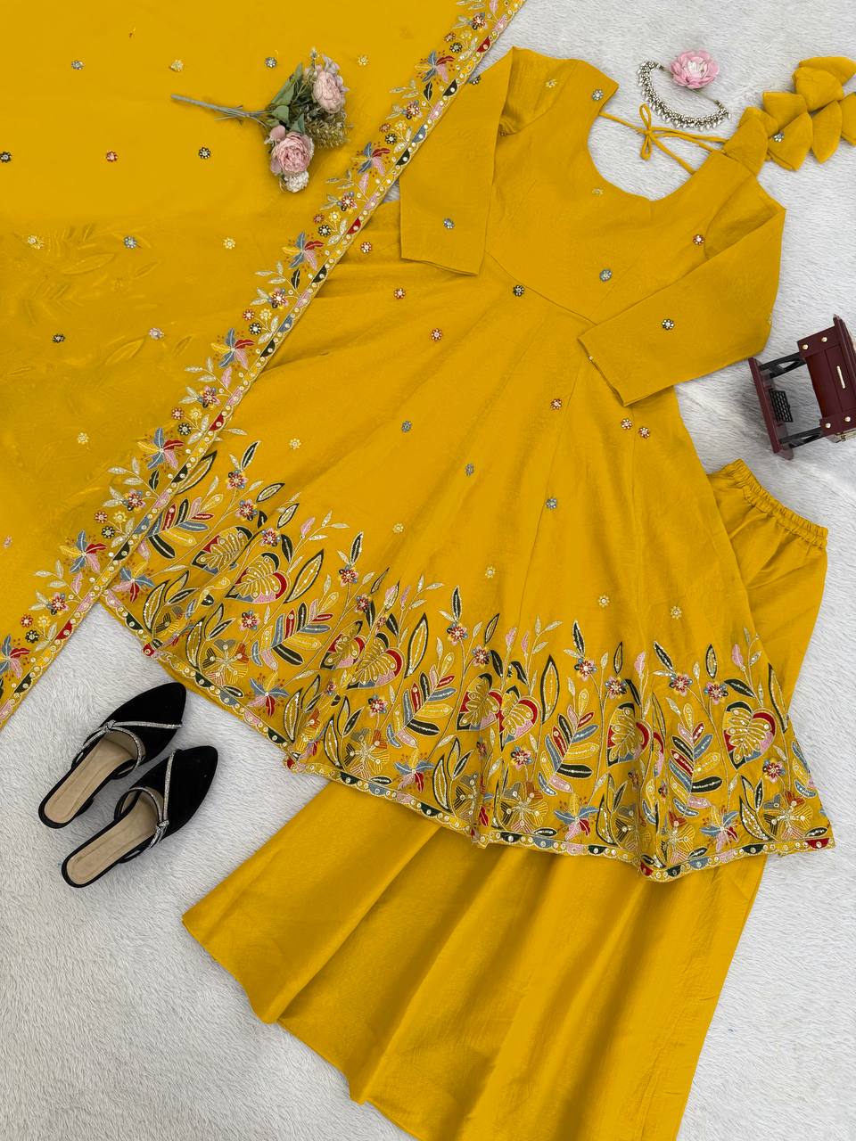 Yellow Color Crunchy Silk With Thread & Sequience Work Anarkali