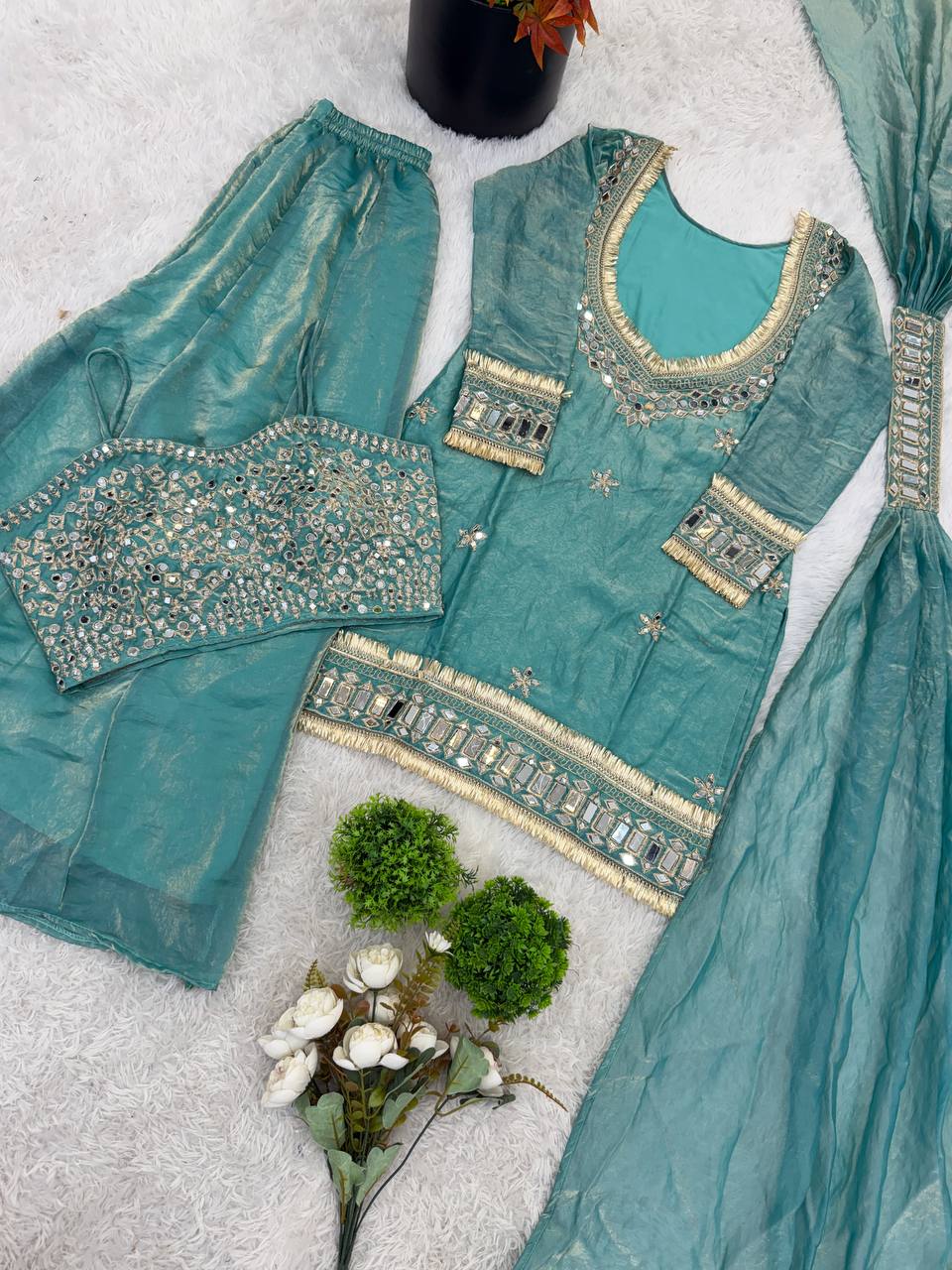 Beautifull Fendy Silk With Real Mirror Work Top Plazzo