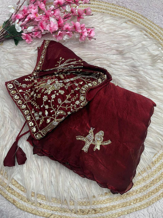 Beautifull Fandy Sattin With Khatli Brits Work Saree