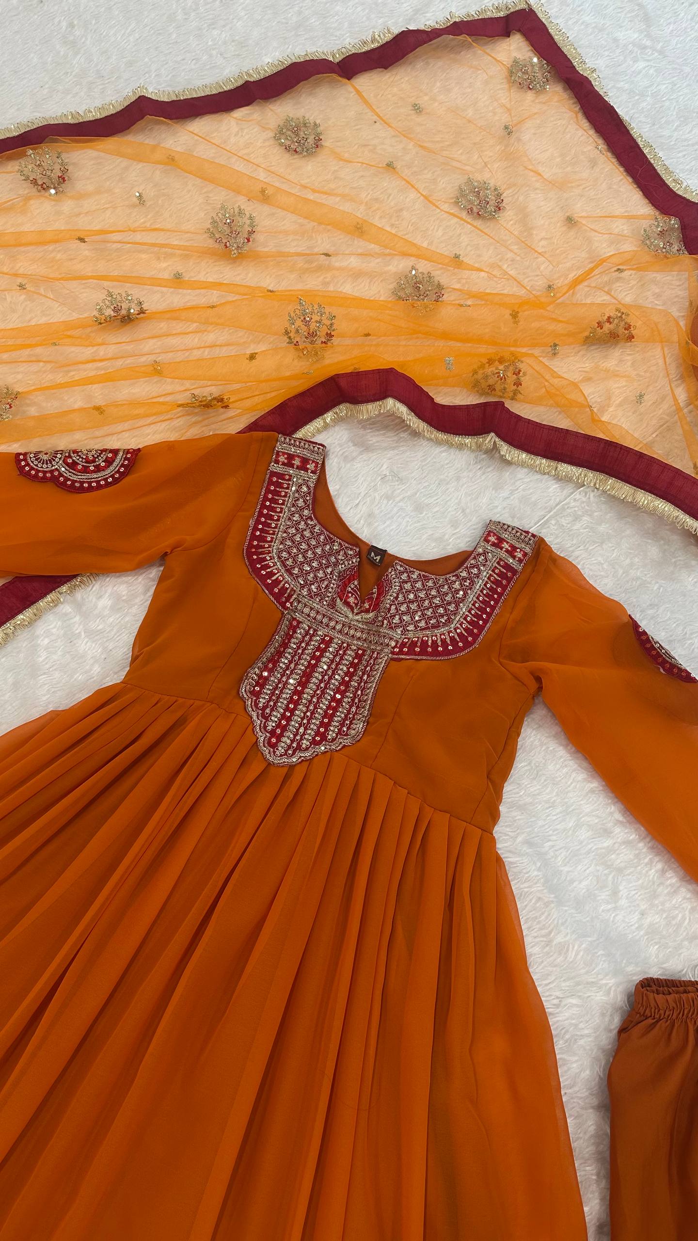 Beautifull Orange Color Georgette With Sequiece Zari Work Gown