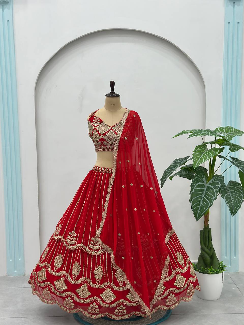 Beautifull Red Color Faux Georgette Sequience Embroidery Work Lehenga
