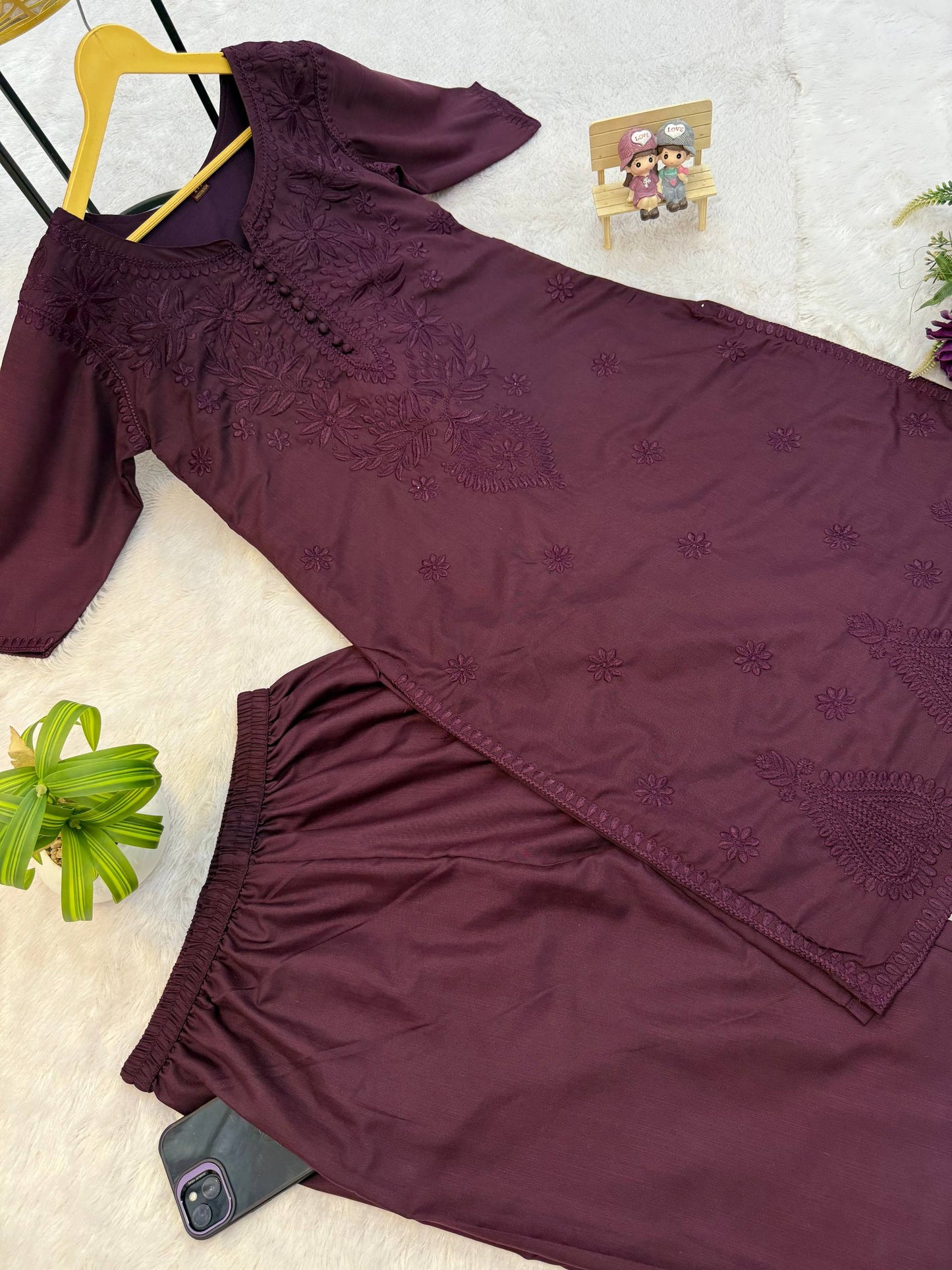 Wine Color Pure Cotton With Embroidery Work Top Pent