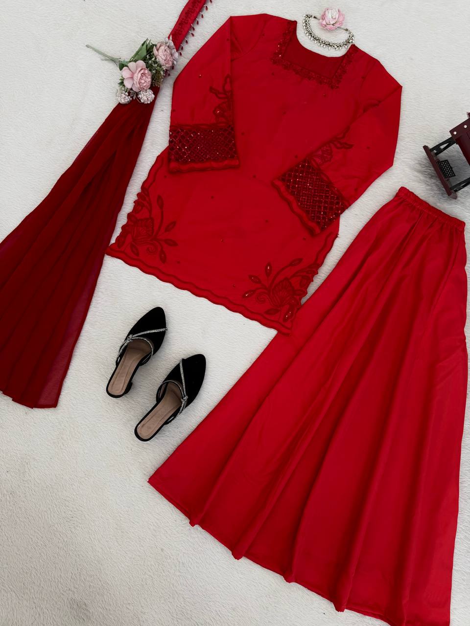 Beautiful Look Beads Work Natural Silk Plazzo Suit Set