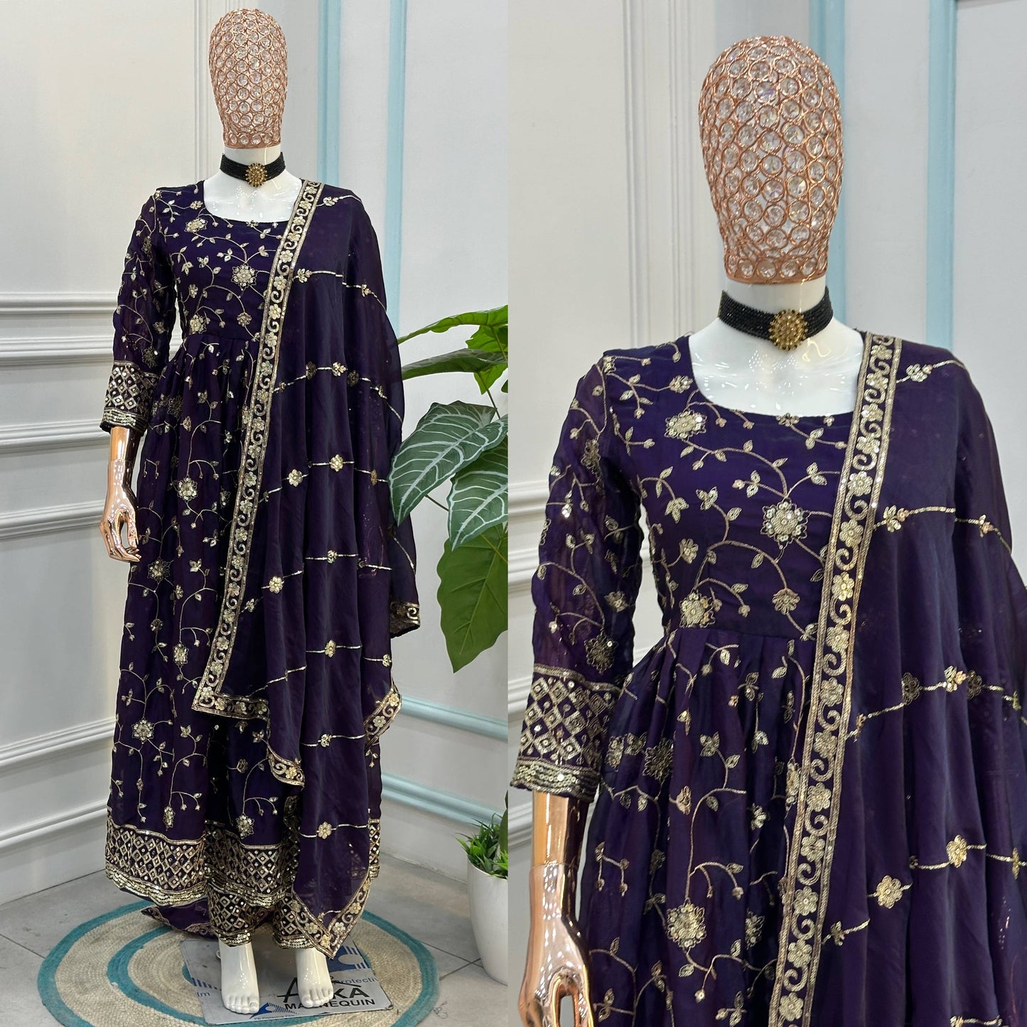 Beautiful Elegant Rich Look Embroidery Sequence Zari Work Fandy Silk Gown Set