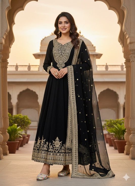 Black Color Blooming fox Georgette Heavy Embroidery Work Gown