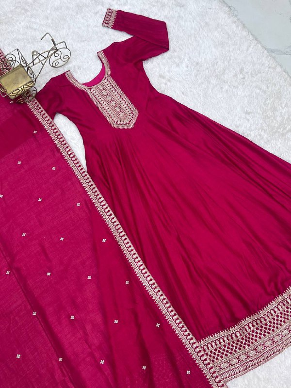 Beautifull Dark Pink Vichitra Silk With Kali Pattern Work Anarkali