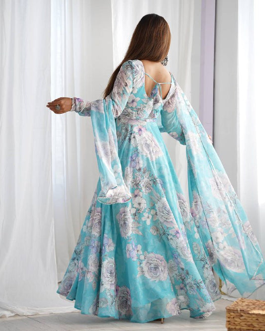 Beauifull Sky Blue Color Fox Georgette Flower Work Gown