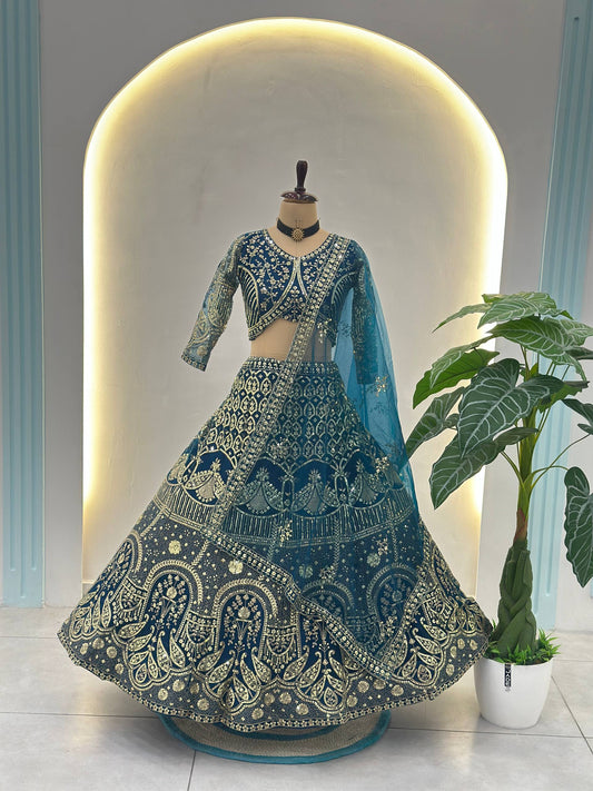Beautifull Butterfly Net With Sequience Coding Work Lehenga