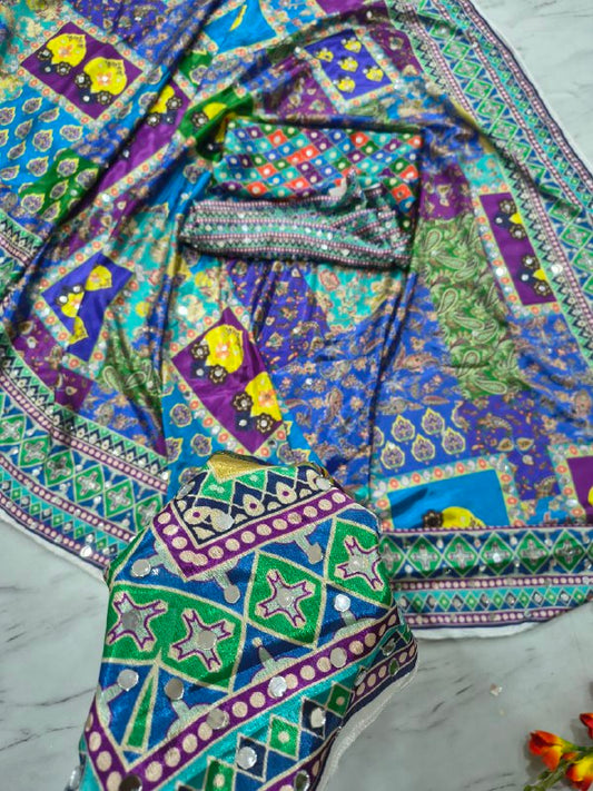 Designer Premium Chinon Silk With Print & Real Mirror Work Saree