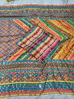 Beautiful Chinon Silk Saree With Elegant Print & Real Mirror Work