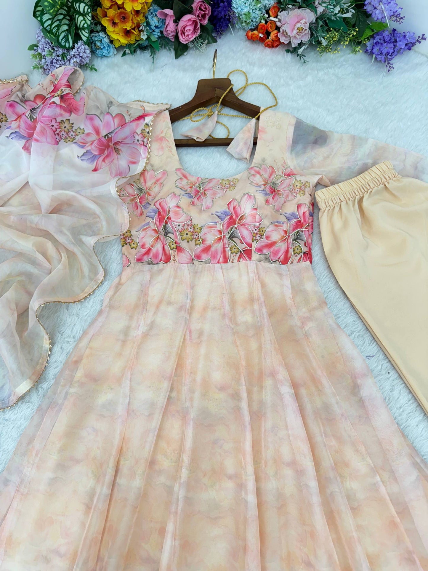 White Color Oraganza Silk With Butter Cotton Gown