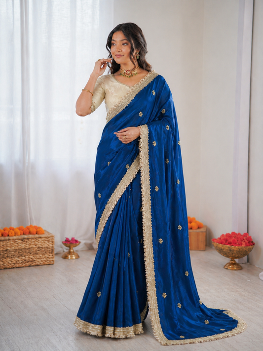 Beautiful Elegant Rich Look Fandy Satin Saree With Sequence Butti & Elegant Designer Lace Border