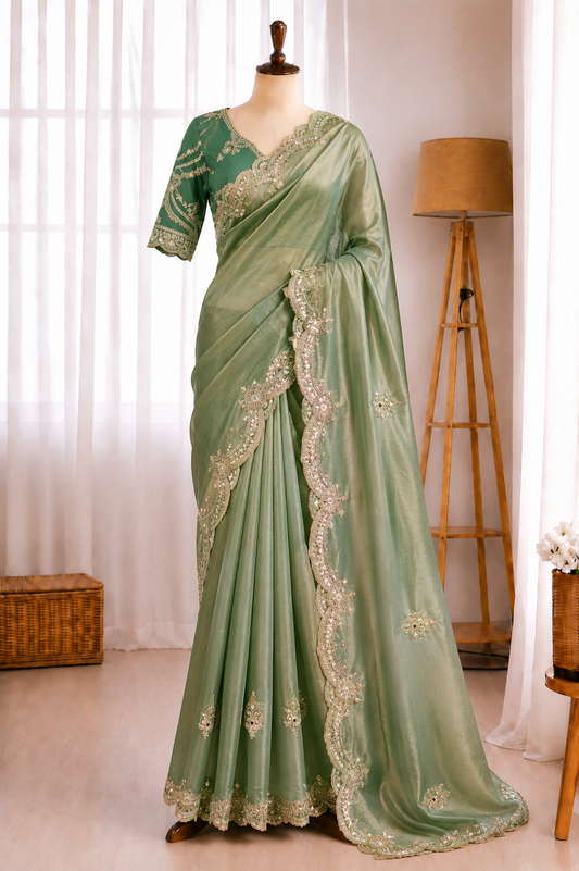 Premium Moss Chiffon Sequence Embroidery Work Saree