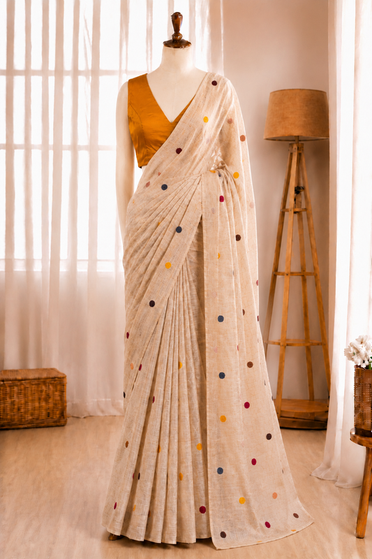 Pure kota chex saree With Dot Embroidery Work & Stitched Blouse