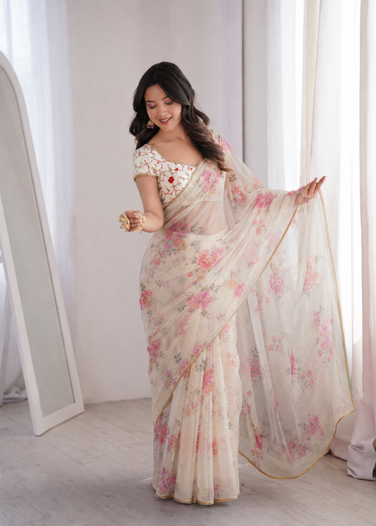 Beautiful Soft Rich Pure Organza Silk With Floral Digital Print Work Saree