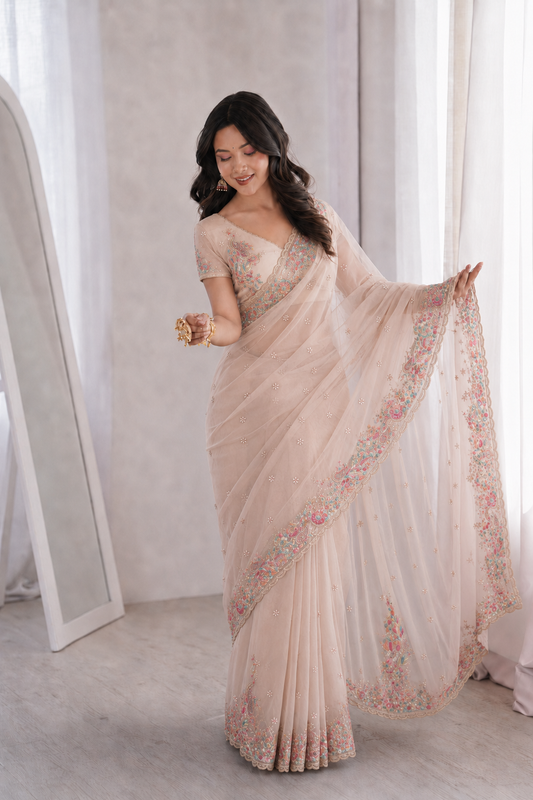 Beautiful Soft Rich Premium Moss Chiffon Silk With Multi-Color Embroidery Work Saree