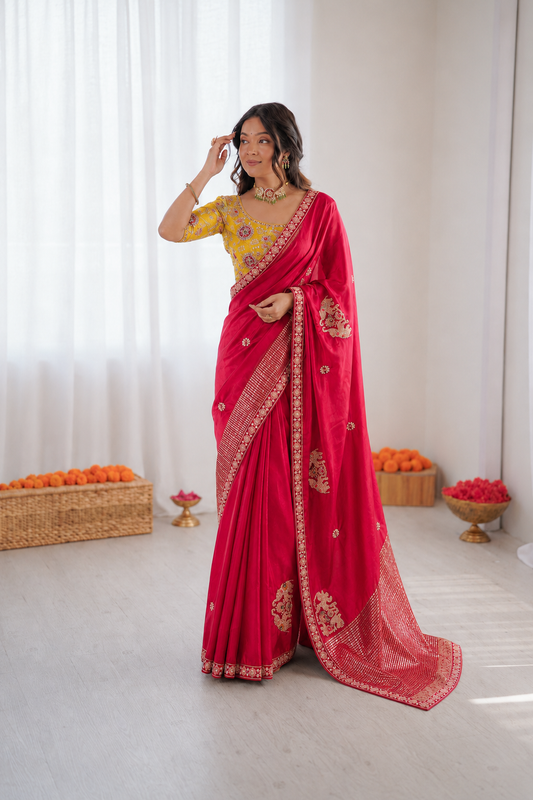 Beautiful Soft Rich Premium Dola Silk With Beads Handwork & Sequence Work Saree